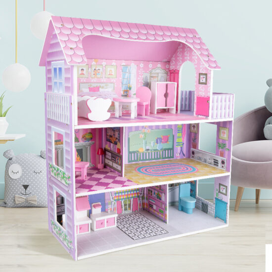 Wooden dollhouse in pink princess villa style
