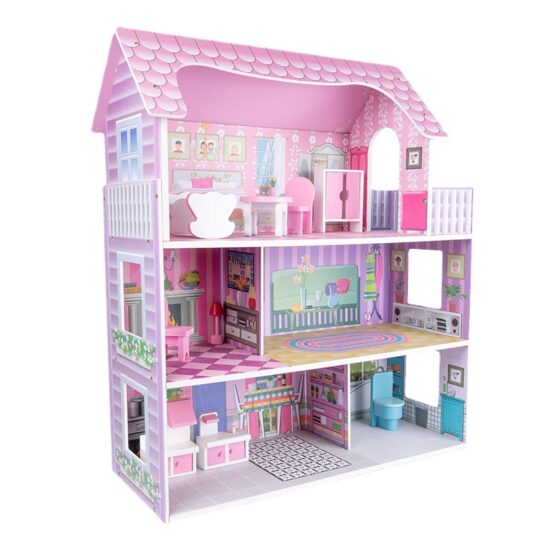 Wooden dollhouse in pink princess villa style