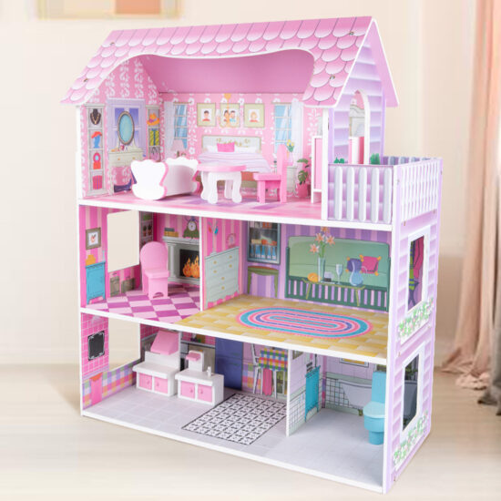 Wooden dollhouse in pink princess villa style