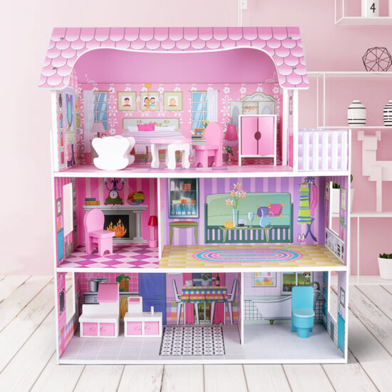 Wooden dollhouse in pink princess villa style
