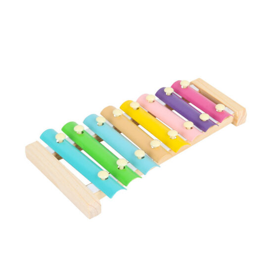 Baby wooden toy with xylophone, bead maze, and shape stacker