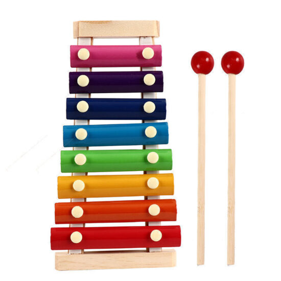 Baby wooden toy with xylophone, bead maze, and shape stacker