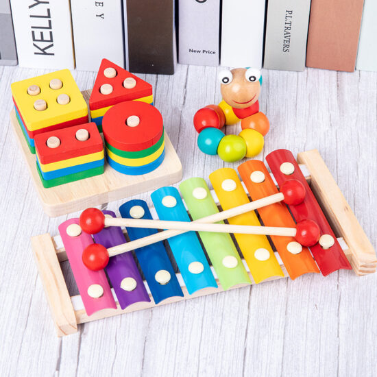 Baby wooden toy with xylophone, bead maze, and shape stacker