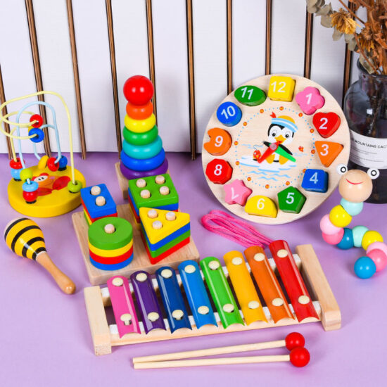 Baby wooden toy with xylophone, bead maze, and shape stacker