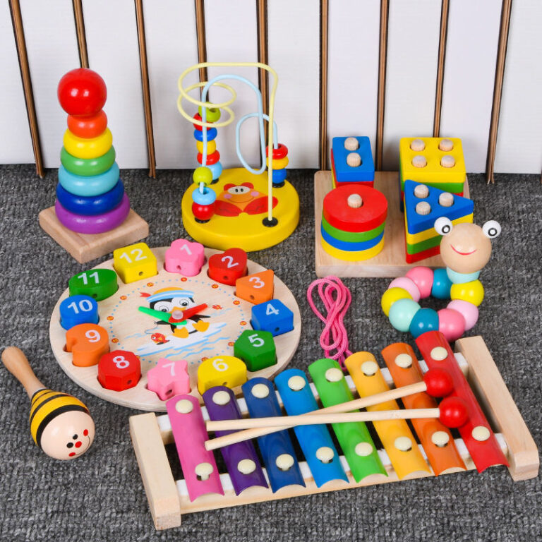 Baby wooden toy with xylophone, bead maze, and shape stacker