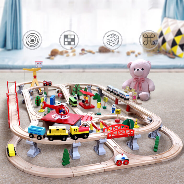 26-piece wooden railway and car track set for toddlers