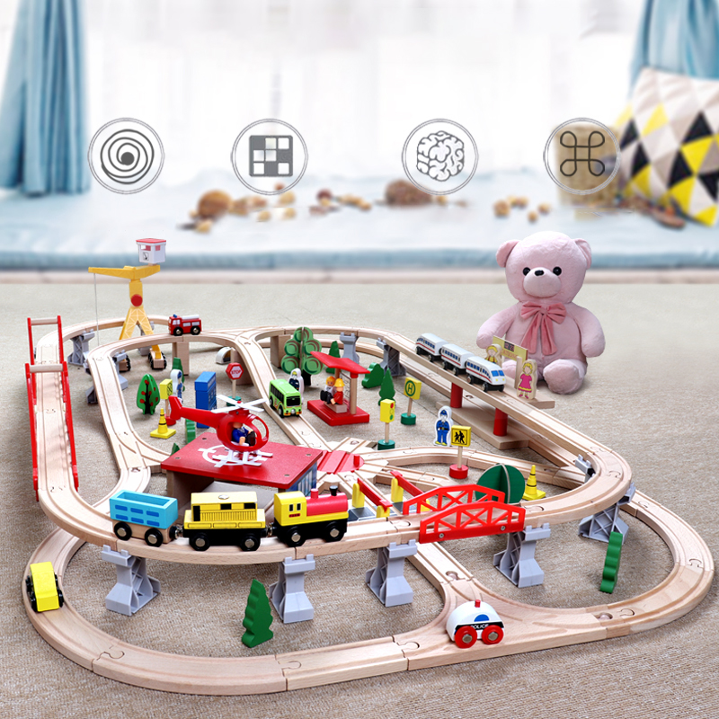 26-piece wooden railway and car track set for toddlers