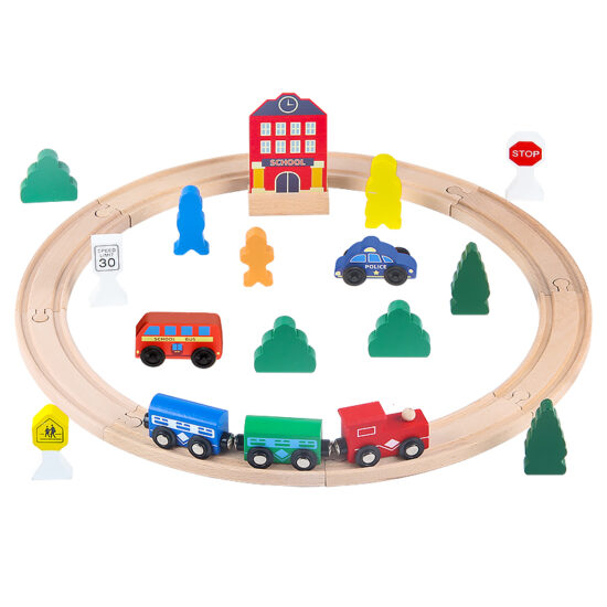 26-piece wooden railway and car track set for toddlers