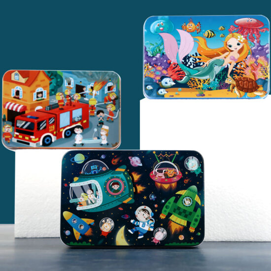 100-piece cartoon wooden puzzle in metal box for kids