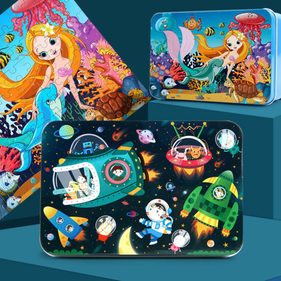 100-piece cartoon wooden puzzle in metal box for kids