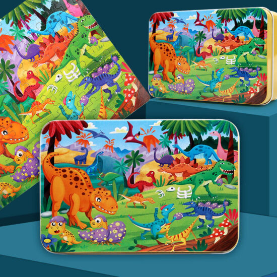 100-piece cartoon wooden puzzle in metal box for kids