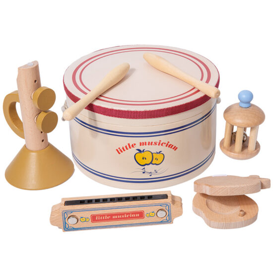 Wooden sensory musical toy set with drum and harmonica