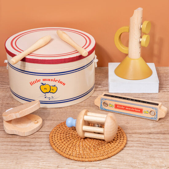 Wooden sensory musical toy set with drum and harmonica