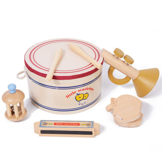Wooden sensory musical toy set with drum and harmonica