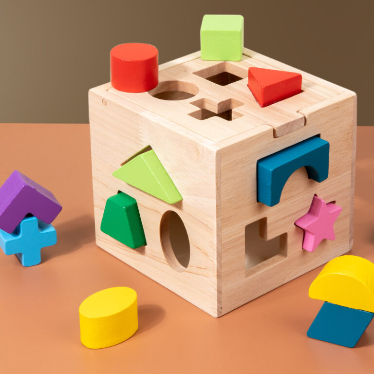 Educational wooden puzzle box with 13 geometric shapes