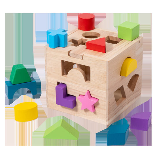 Educational wooden puzzle box with 13 geometric shapes