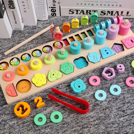 Educational wooden puzzle box with 13 geometric shapes