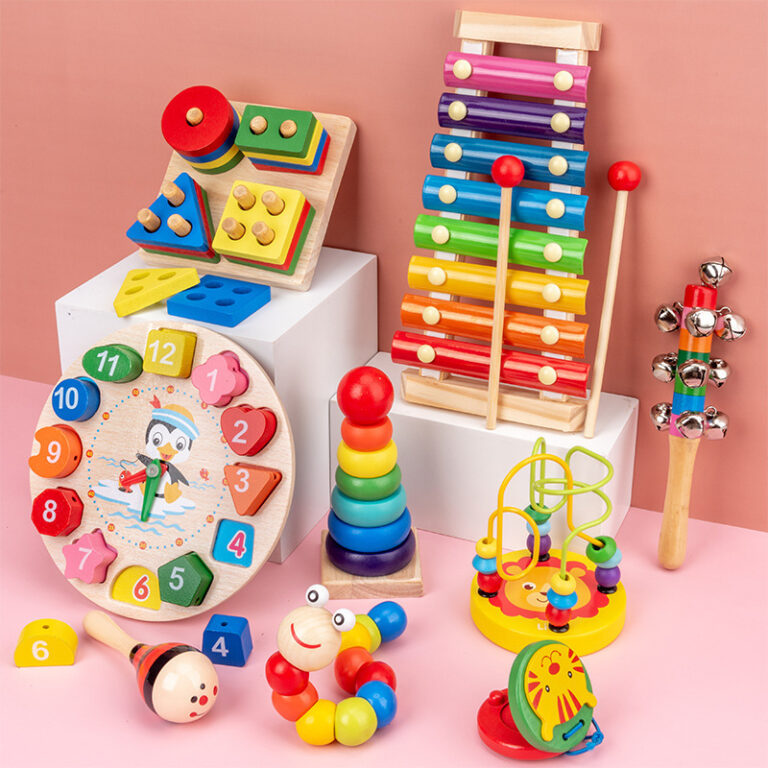 3-in-1 wooden xylophone toy with clock and bead maze for toddlers