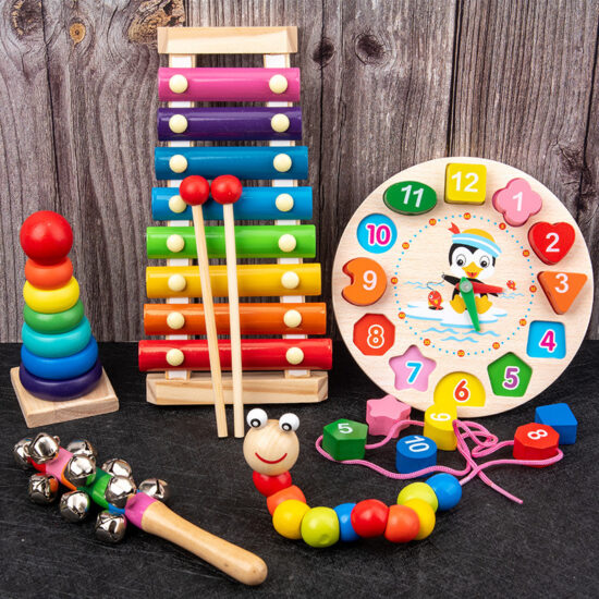 3-in-1 wooden xylophone toy with clock and bead maze for toddlers