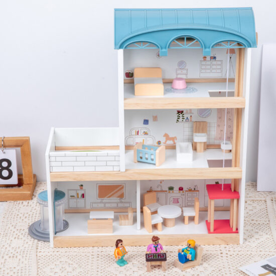 Wooden dollhouse toy with three floors for kids role play