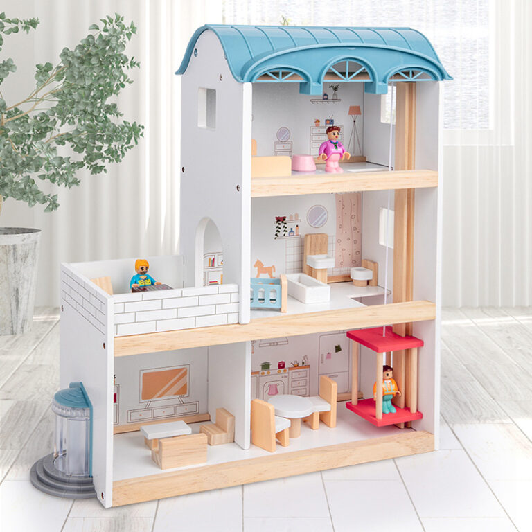 Wooden dollhouse toy with three floors for kids role play