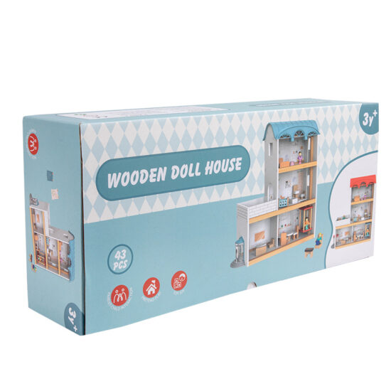 Wooden dollhouse toy with three floors for kids role play
