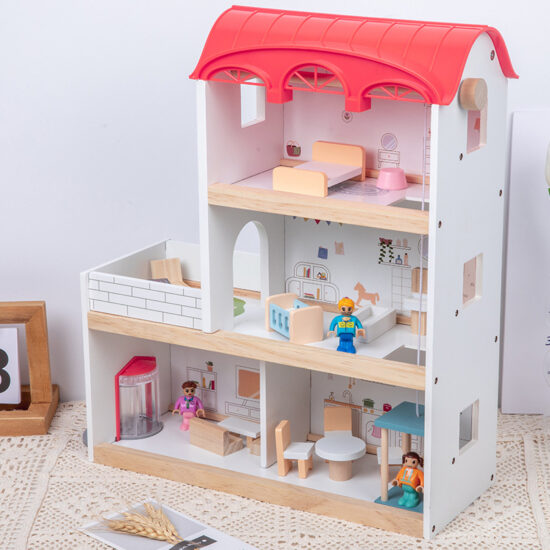 Wooden dollhouse toy with three floors for kids role play