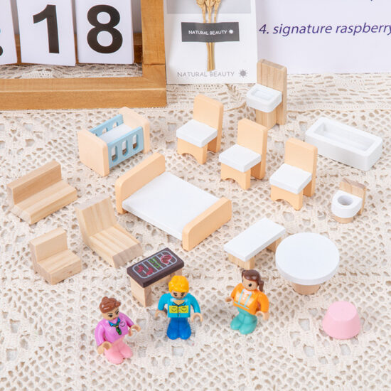 Wooden dollhouse toy with three floors for kids role play