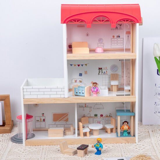Wooden dollhouse toy with three floors for kids role play