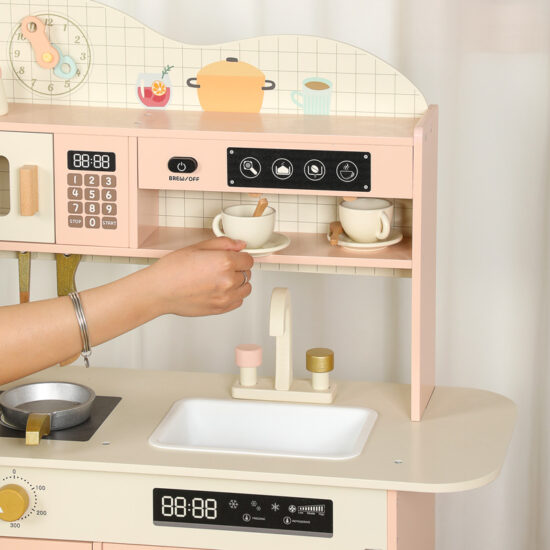 Pink wooden kitchen toy for kids with stove and utensils
