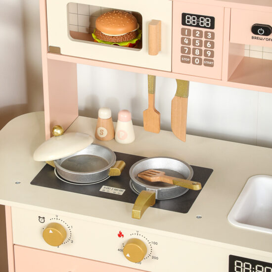 Pink wooden kitchen toy for kids with stove and utensils