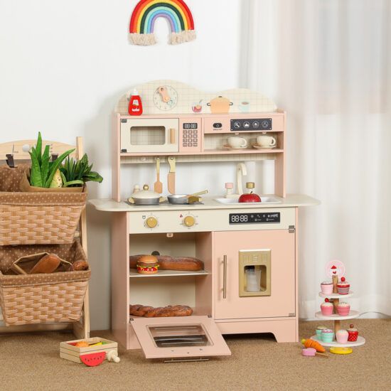 Pink wooden kitchen toy for kids with stove and utensils
