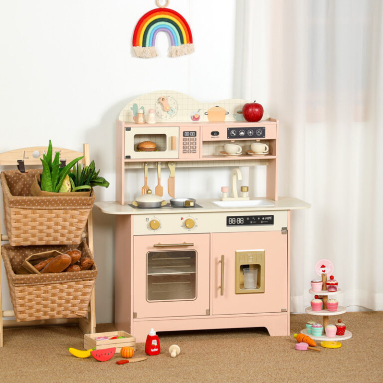 Pink wooden kitchen toy for kids with stove and utensils