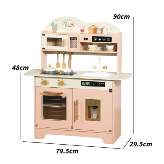 Pink wooden kitchen toy for kids with stove and utensils