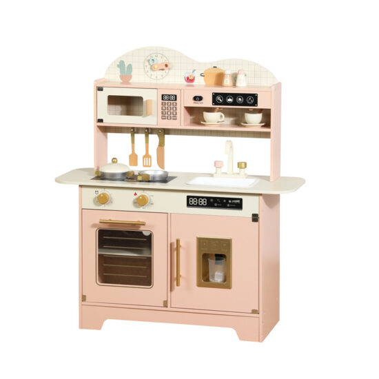 Pink wooden kitchen toy for kids with stove and utensils