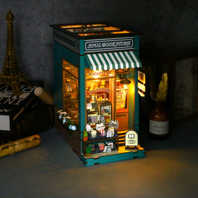 Miniature wooden bookstore dollhouse with bookend function