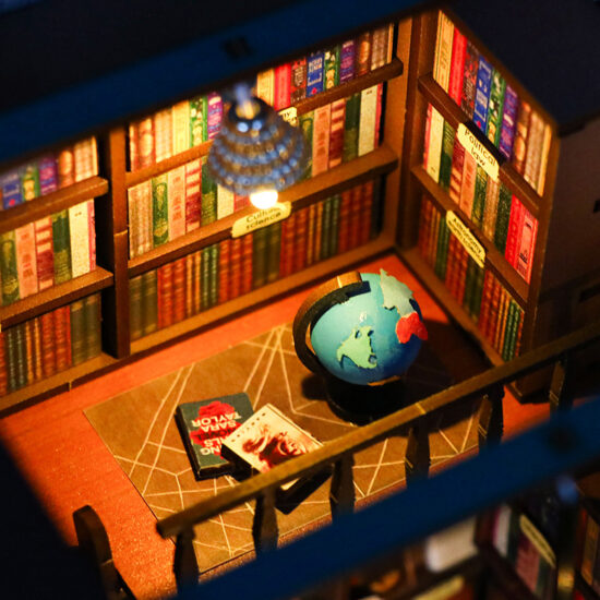 Miniature wooden bookstore dollhouse with bookend function