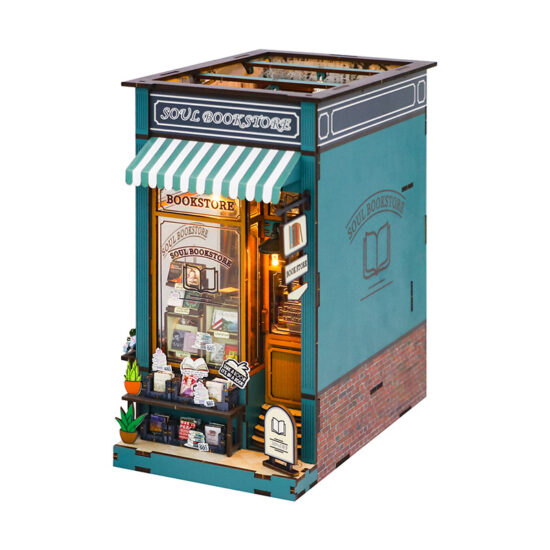 Miniature wooden bookstore dollhouse with bookend function