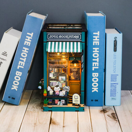 Miniature wooden bookstore dollhouse with bookend function