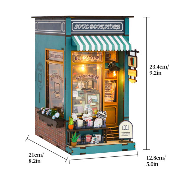 Miniature wooden bookstore dollhouse with bookend function