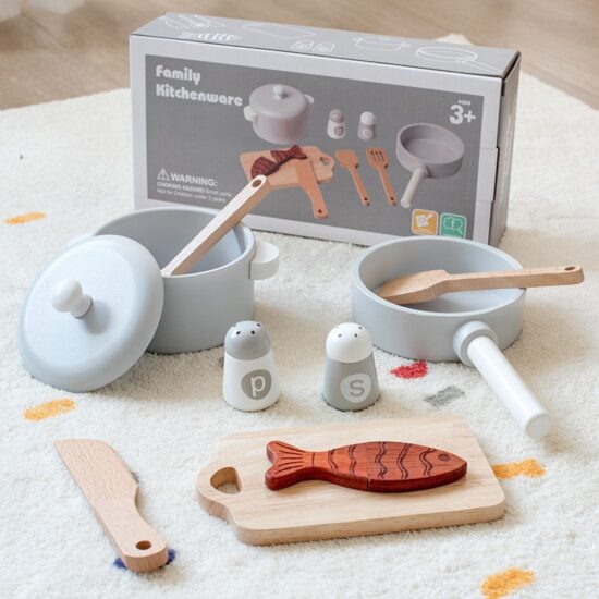 Wooden Pretend Cookware Set for Kids Kitchen Play