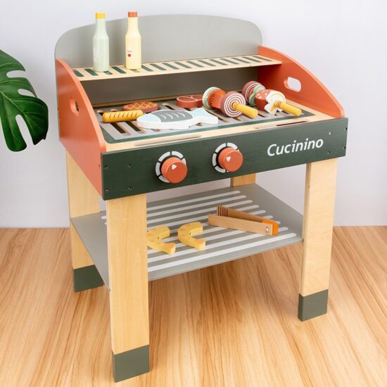 Wooden kids kitchen stove and BBQ playset toy