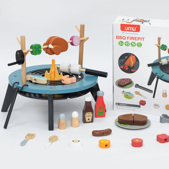 Wooden kids kitchen stove and BBQ playset toy