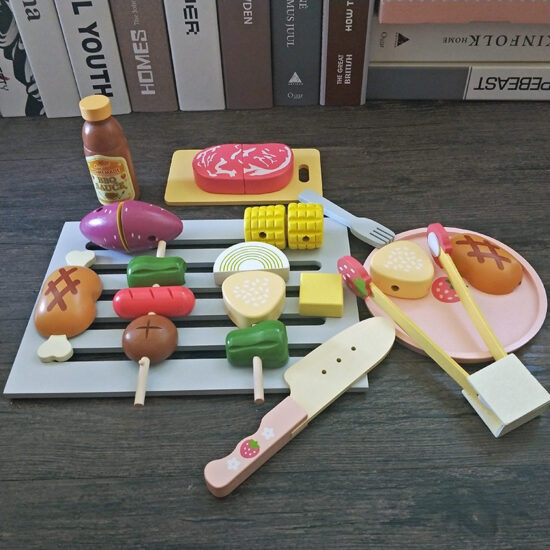 Wooden kids kitchen stove and BBQ playset toy