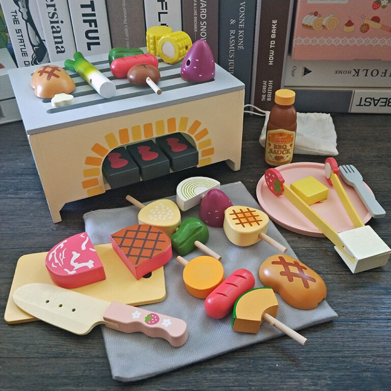 Wooden kids kitchen stove and BBQ playset toy