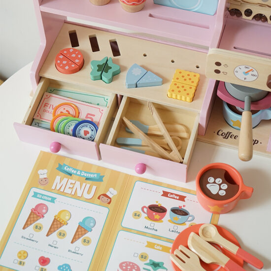 Wooden ice cream and coffee playset for kids