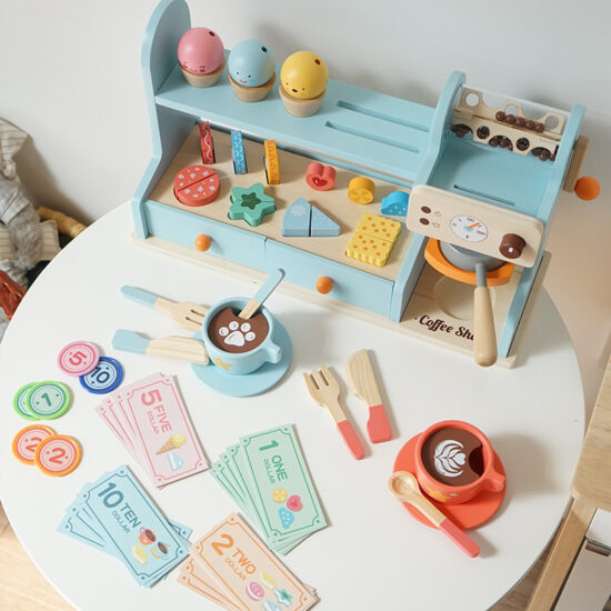 Wooden ice cream and coffee playset for kids