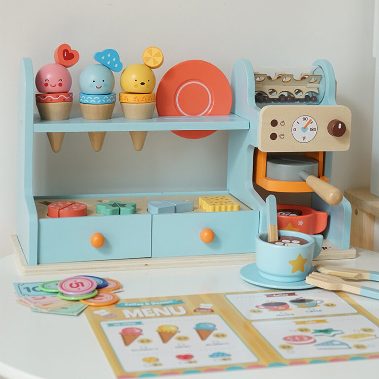 Wooden ice cream and coffee playset for kids