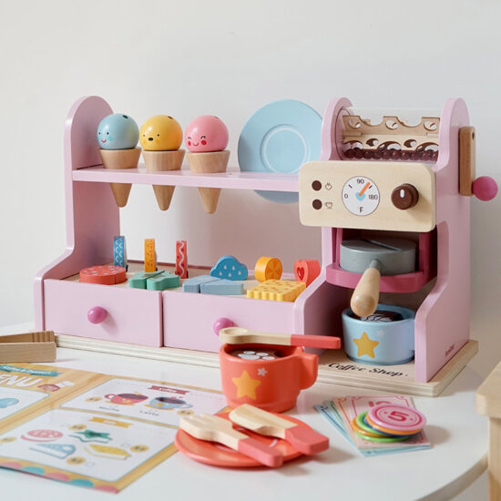 Wooden ice cream and coffee playset for kids