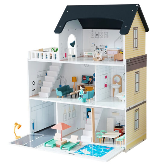 Large wooden princess dollhouse toy with multi-room layout
